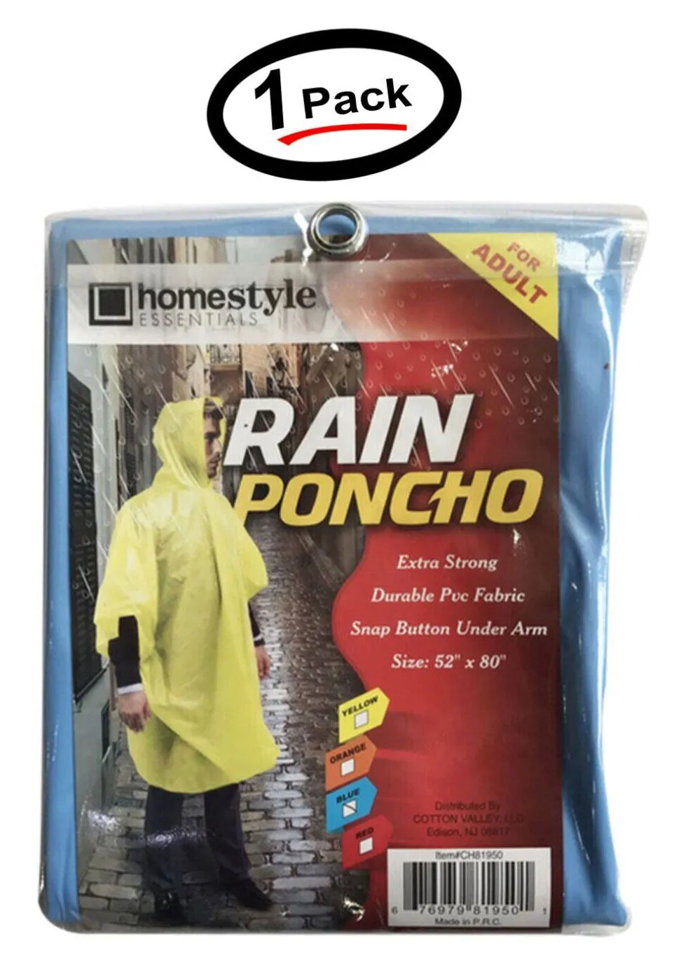 (1 Pack) PVC Rain Poncho for Adults Waterproof Emergency Hooded Poncho Raincoat