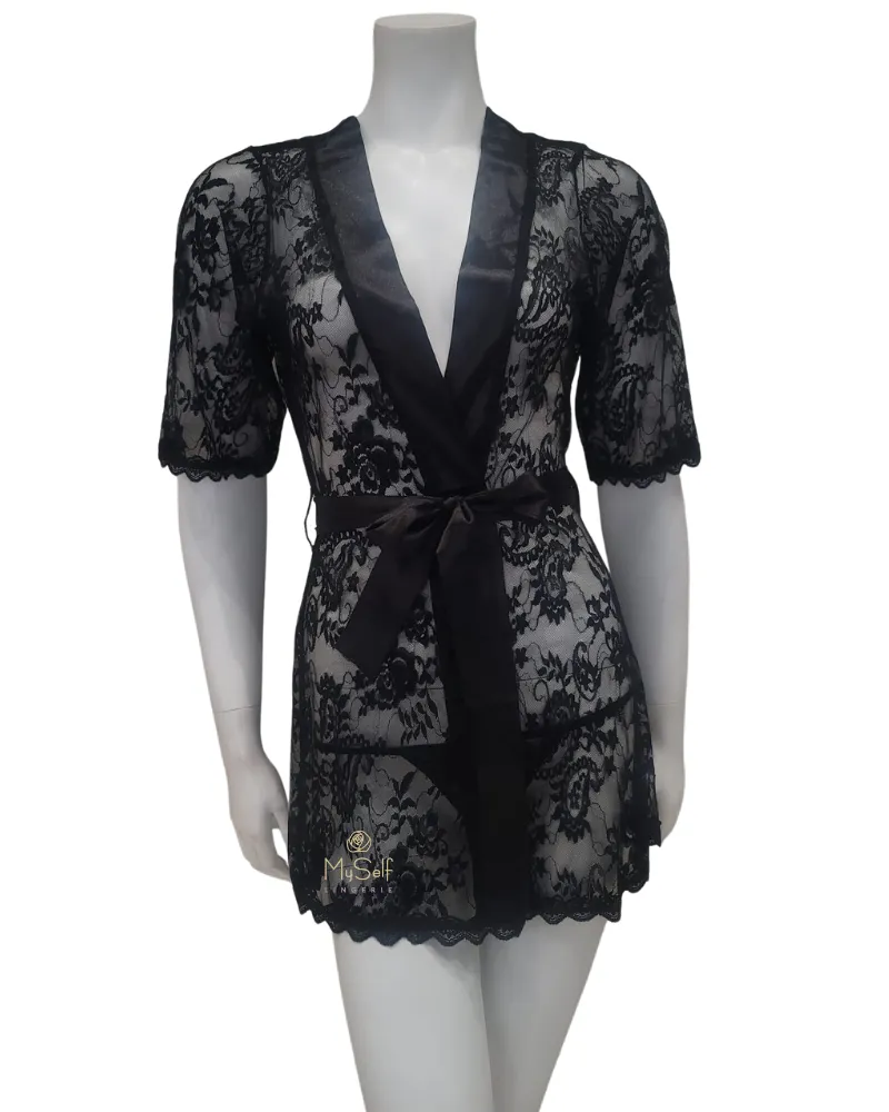 7115 Black Lace & Satin Wrap Robe with Matching G-String