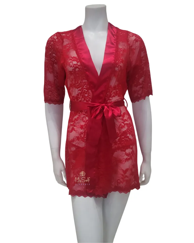 7115 Red Lace & Satin Wrap Robe with Matching G-String