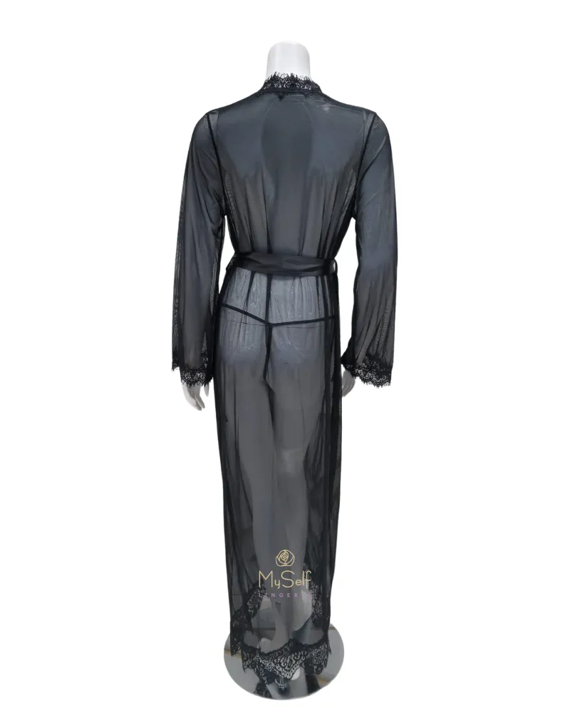 95-11136 Black Eyelash Sheer Lace Robe with Satin Sash