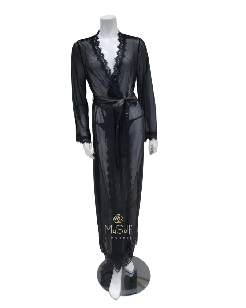 95-11136 Black Eyelash Sheer Lace Robe with Satin Sash