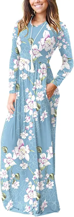 Acid Blue Casual Short/Long Sleeve Maxi Dress with Pockets - HAOMEILI