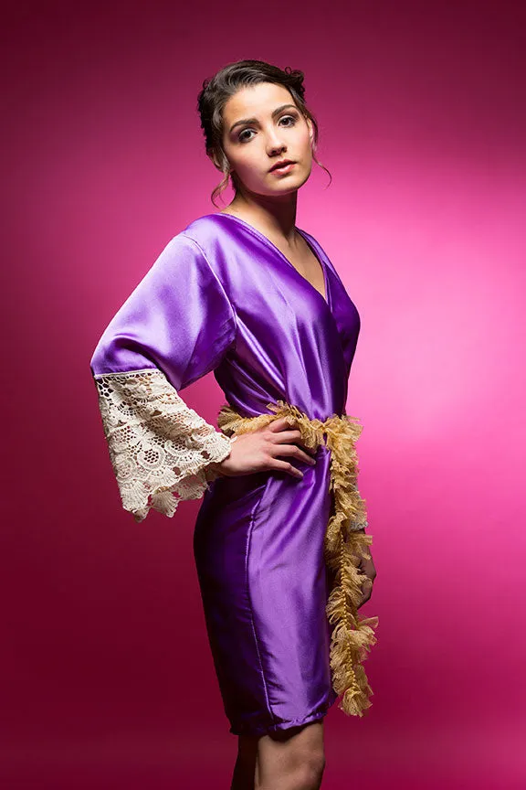 Amethyst Purple Satin Robe with Lace Accented Cuffs