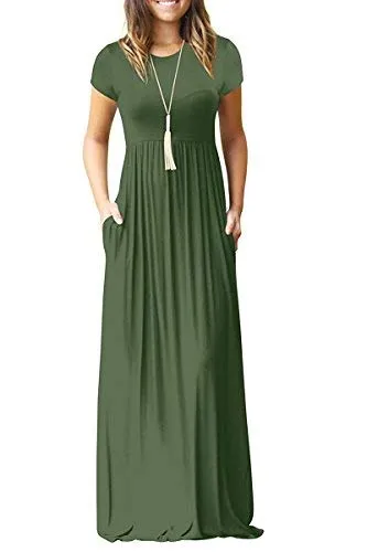 Army Green Casual Short/Long Sleeve Maxi Dress with Pockets - HAOMEILI