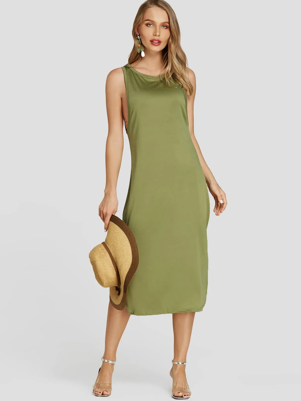 Army Green Scoop Neck Sleeveless Plain Slit Midi Dress