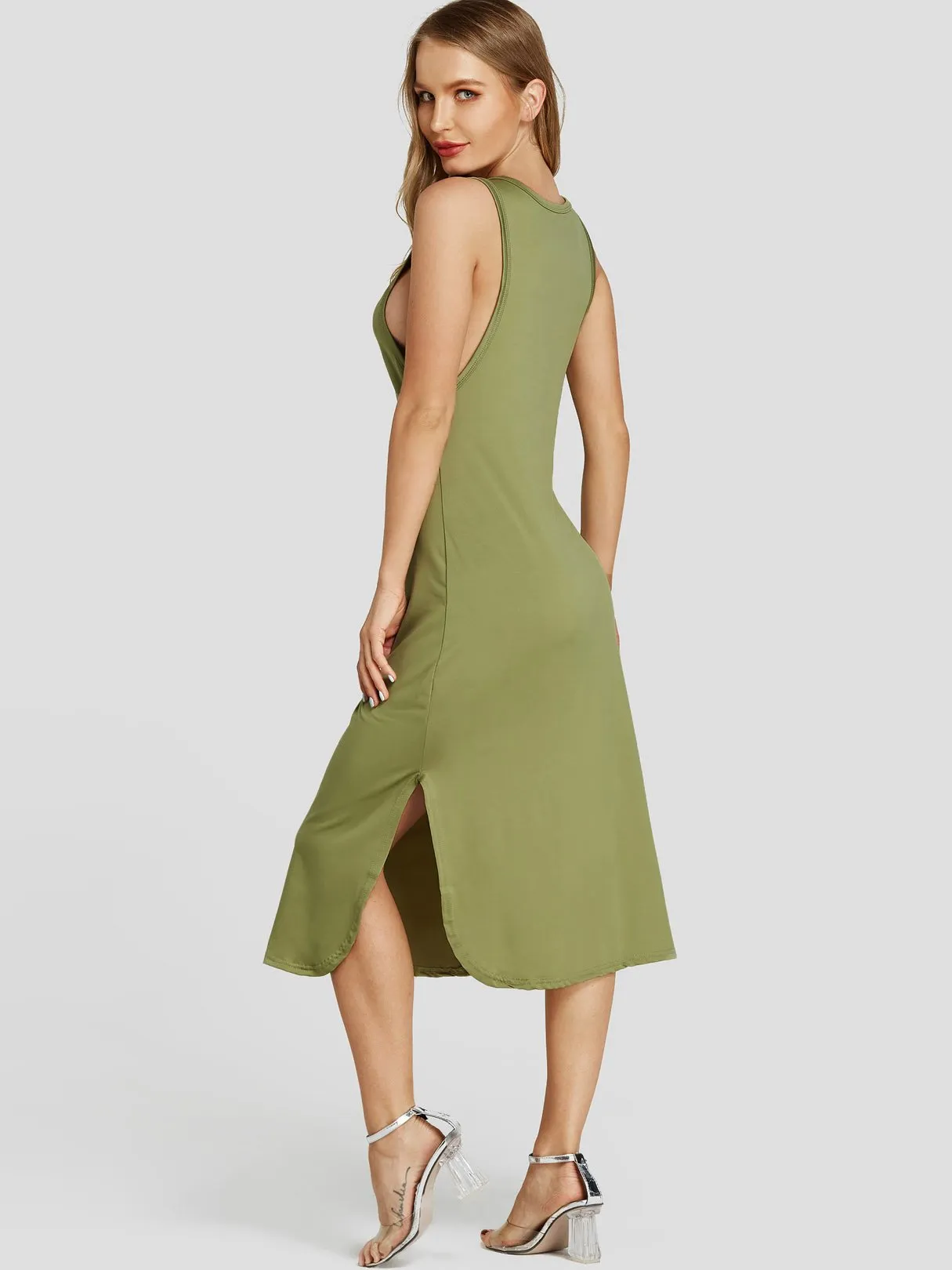 Army Green Scoop Neck Sleeveless Plain Slit Midi Dress