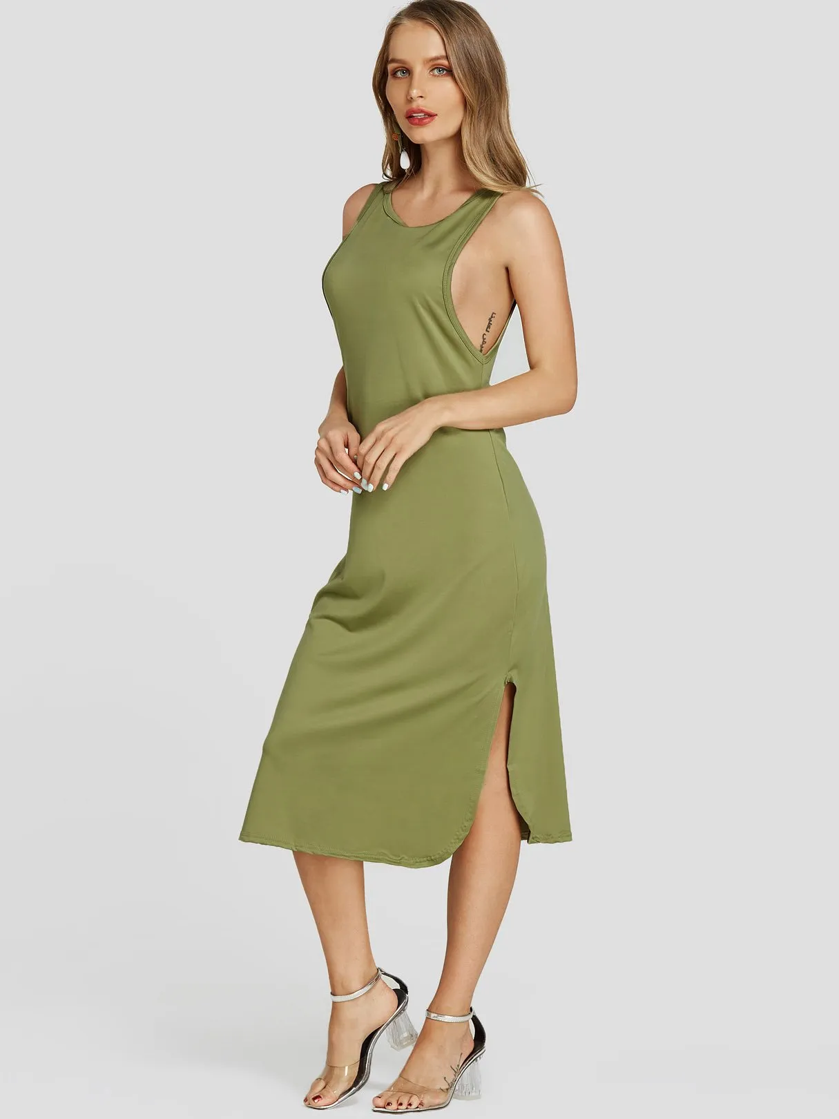 Army Green Scoop Neck Sleeveless Plain Slit Midi Dress