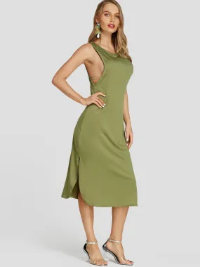 Army Green Scoop Neck Sleeveless Plain Slit Midi Dress