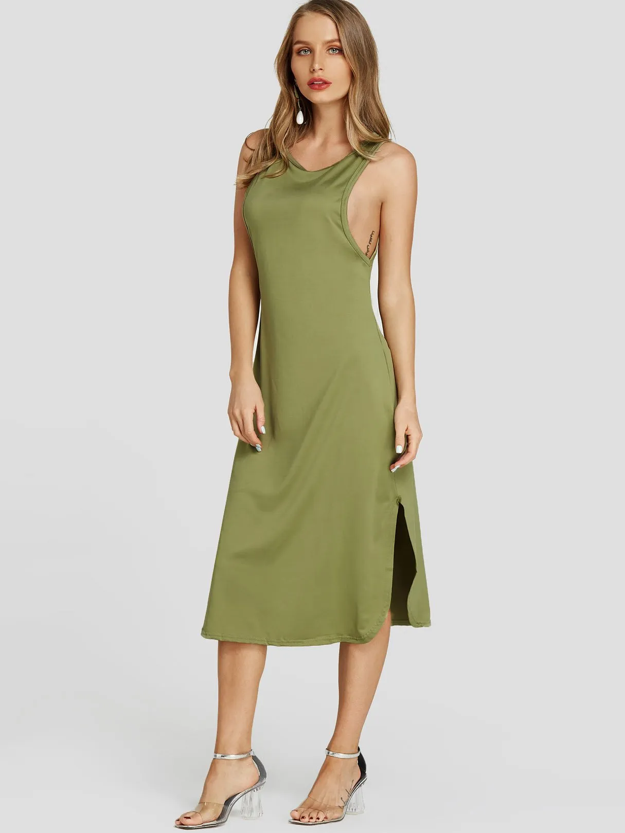 Army Green Scoop Neck Sleeveless Plain Slit Midi Dress