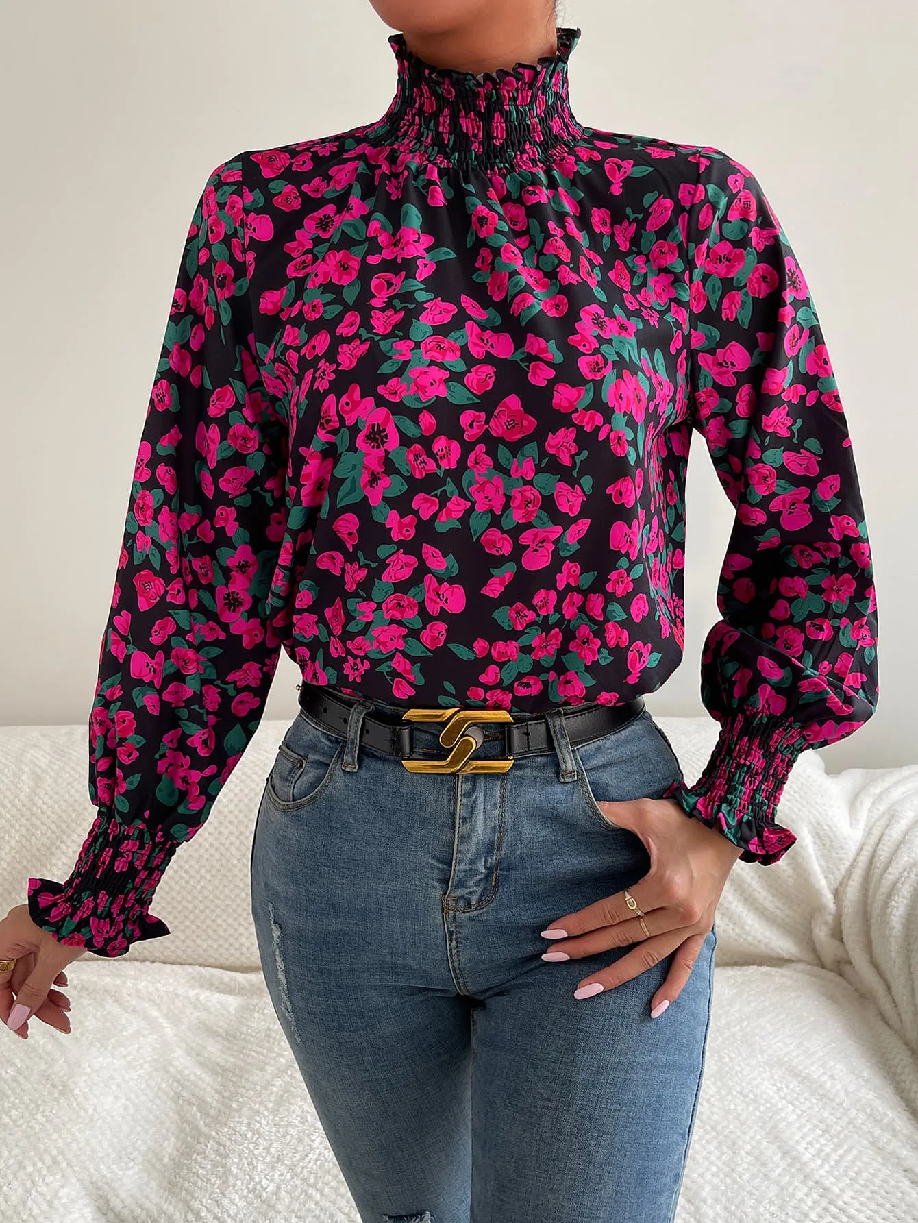 'Bailey' Floral Smocked Frill Neck Blouse (3 Colors)