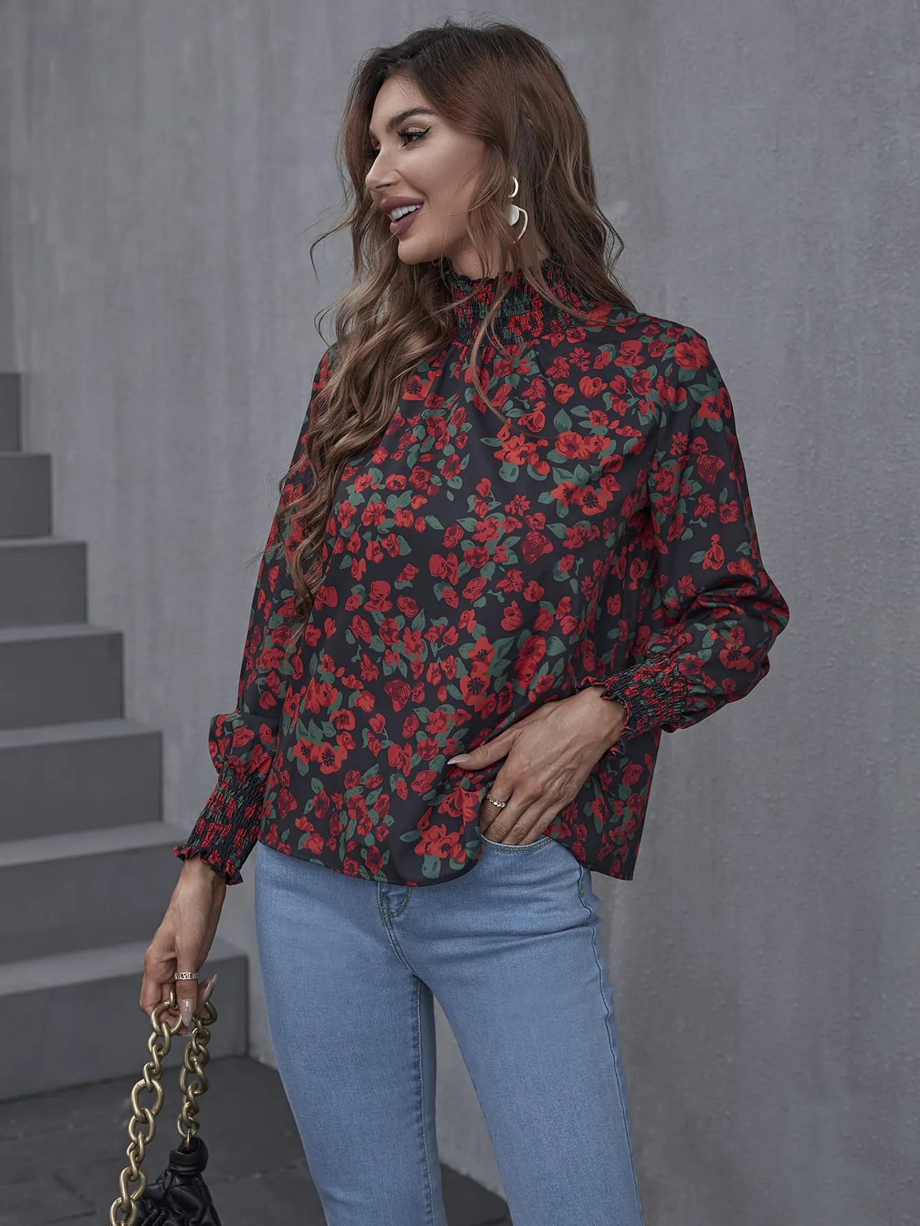 'Bailey' Floral Smocked Frill Neck Blouse (3 Colors)