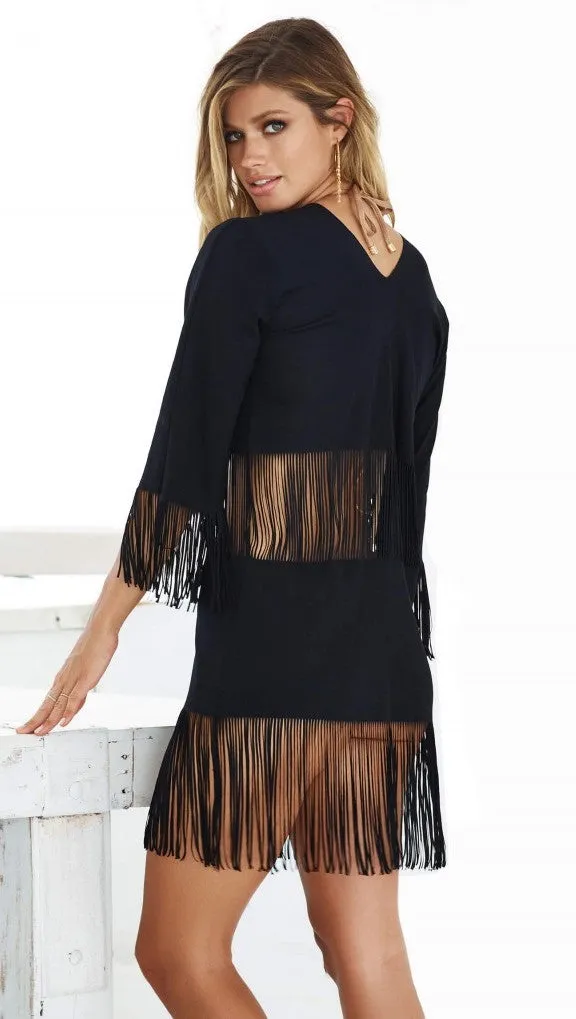 Beach Bunny Indian Summer Fringe Tunic Black