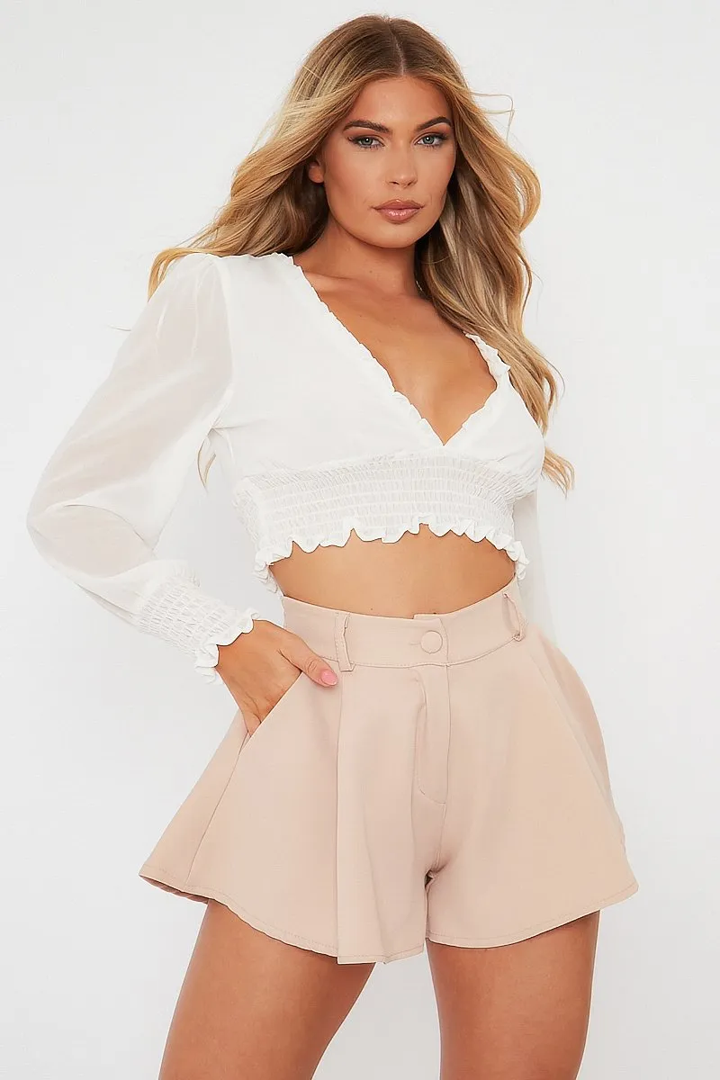 Beige Flared High Waisted Shorts - Ayna