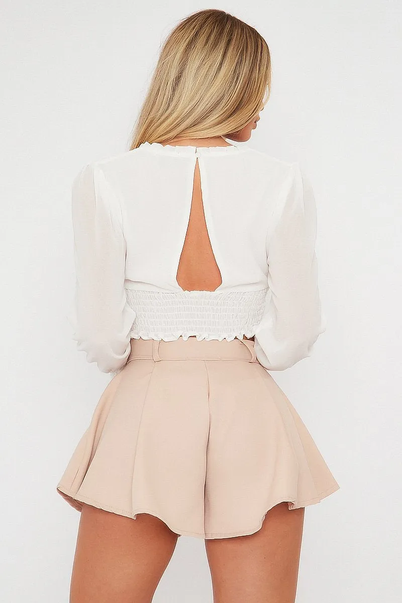 Beige Flared High Waisted Shorts - Ayna