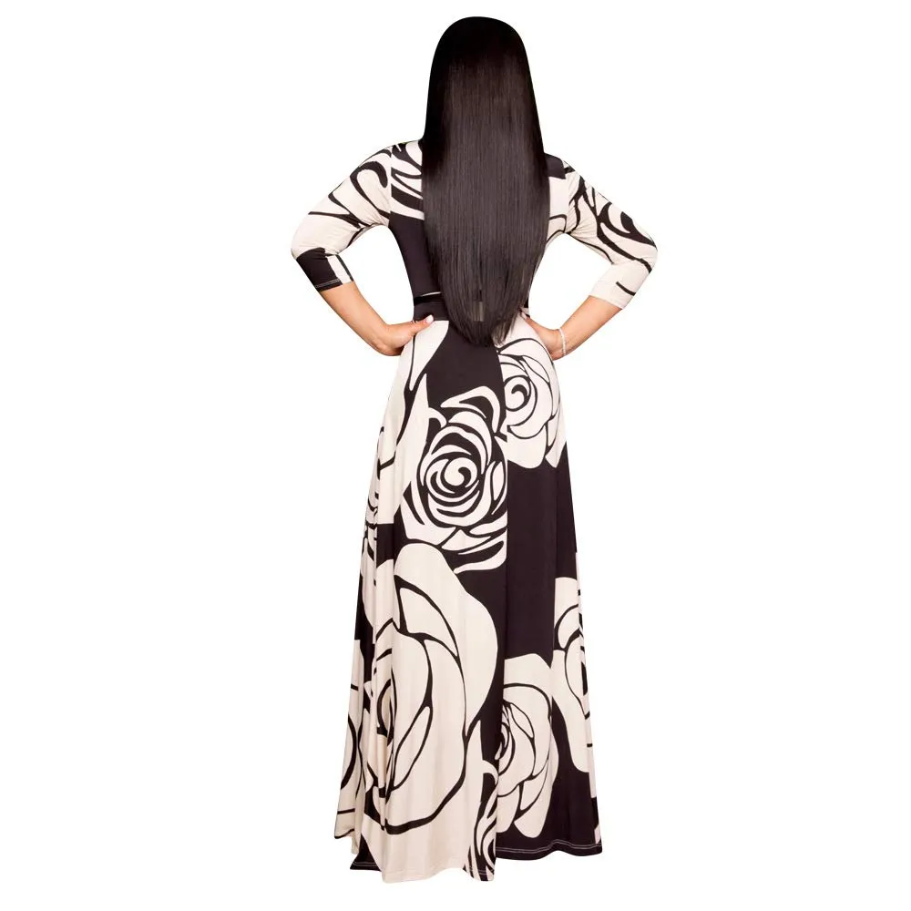 Black Floral Womens Casual Floral Print Long Maxi Dress Plus Size Plain Party Outfits - JTNFairy