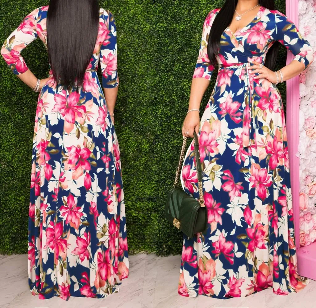 Black Floral Womens Casual Floral Print Long Maxi Dress Plus Size Plain Party Outfits - JTNFairy