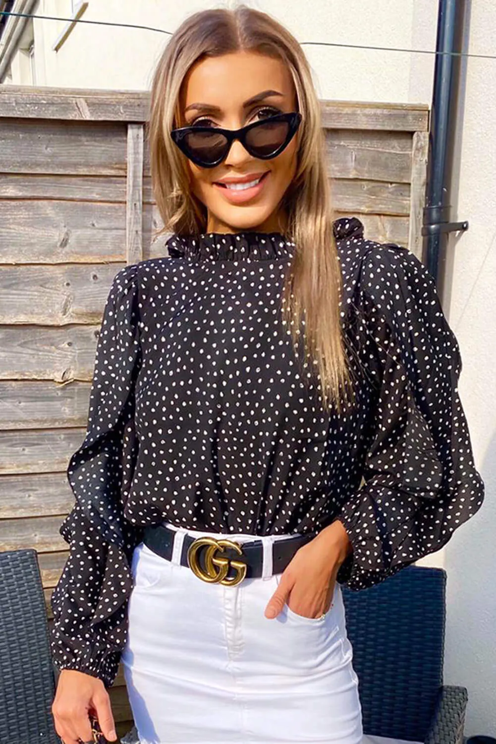 Black Spotty Frill Sleeve Top