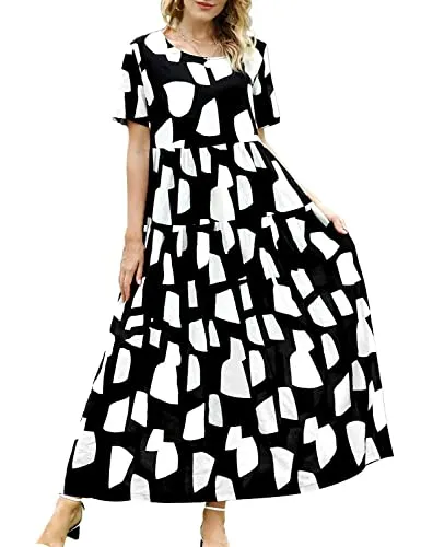 Black White Dresses Casual Plus Size Bohemian Short Sleeve Floral Long Maxi Summer Beach Swing Dress/Pockets - YESNO