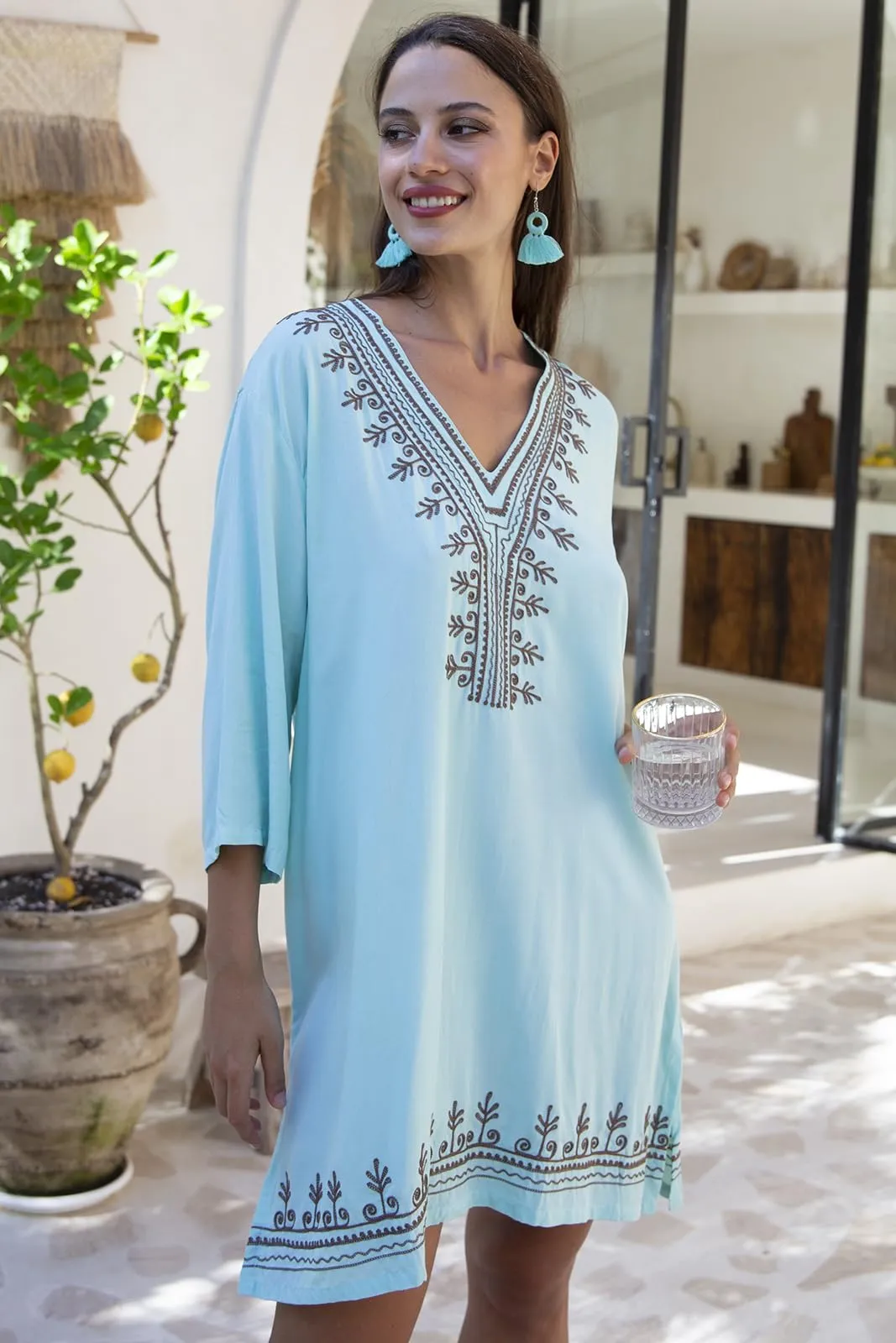 Boho Embroidered Short Casual Tunic Cover Up Dress