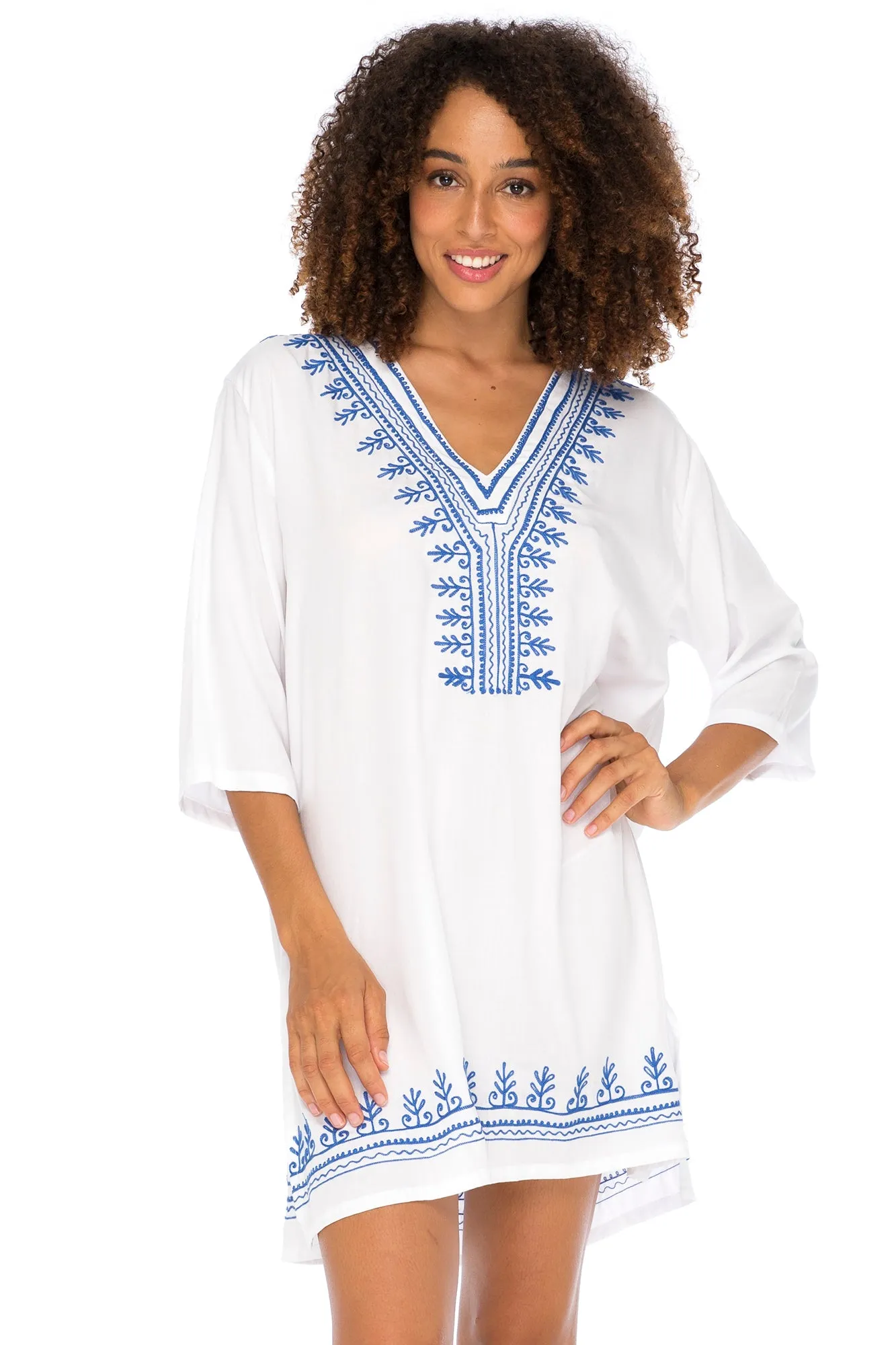 Boho Embroidered Short Casual Tunic Cover Up Dress