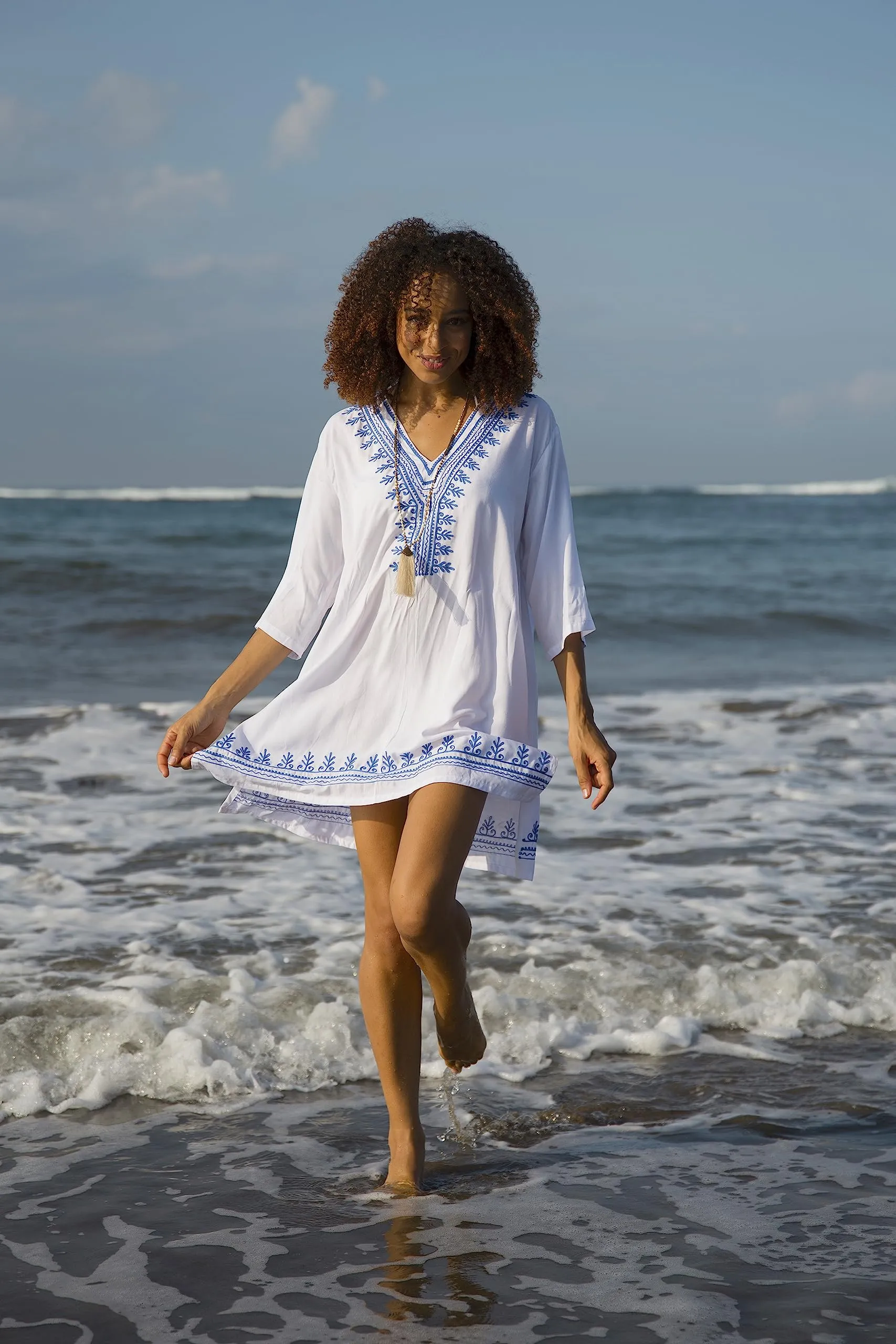 Boho Embroidered Short Casual Tunic Cover Up Dress