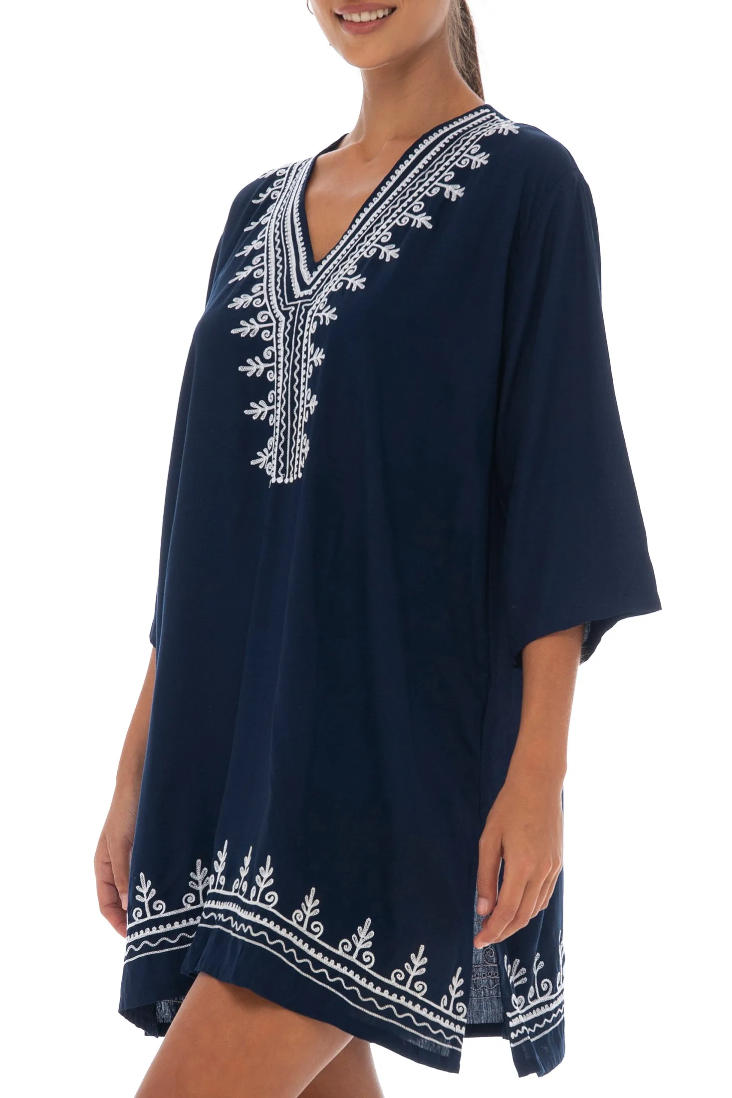 Boho Embroidered Short Casual Tunic Cover Up Dress