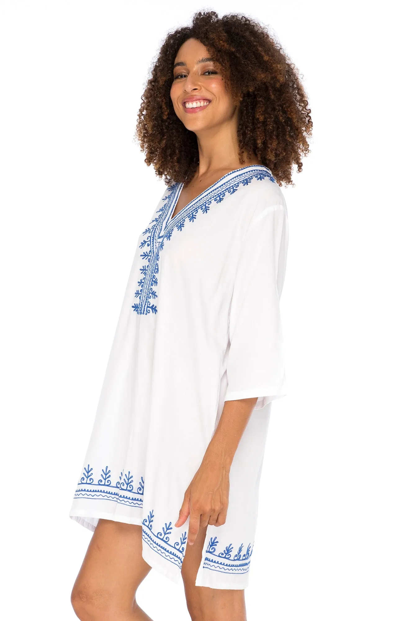 Boho Embroidered Short Casual Tunic Cover Up Dress