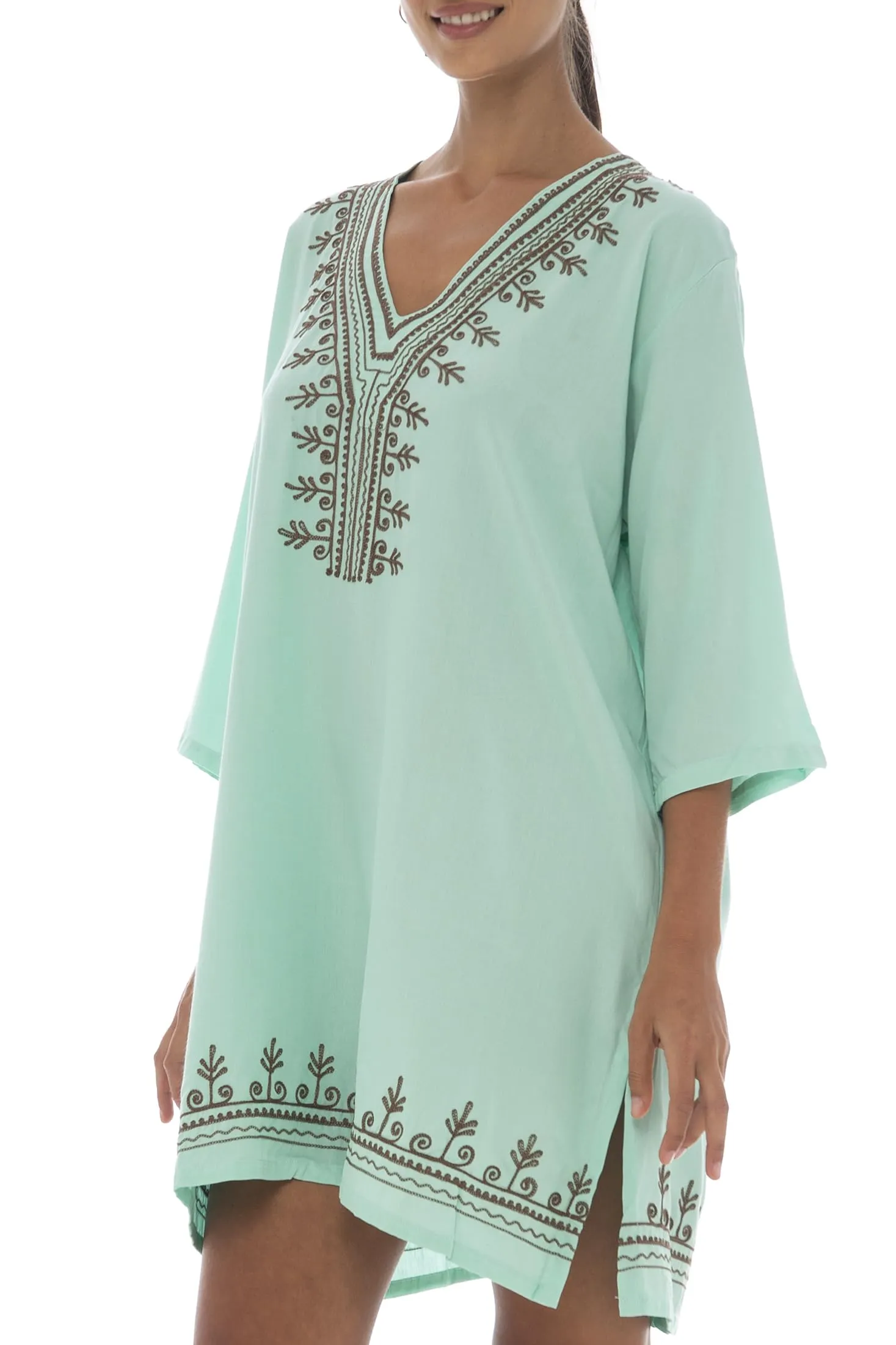 Boho Embroidered Short Casual Tunic Cover Up Dress