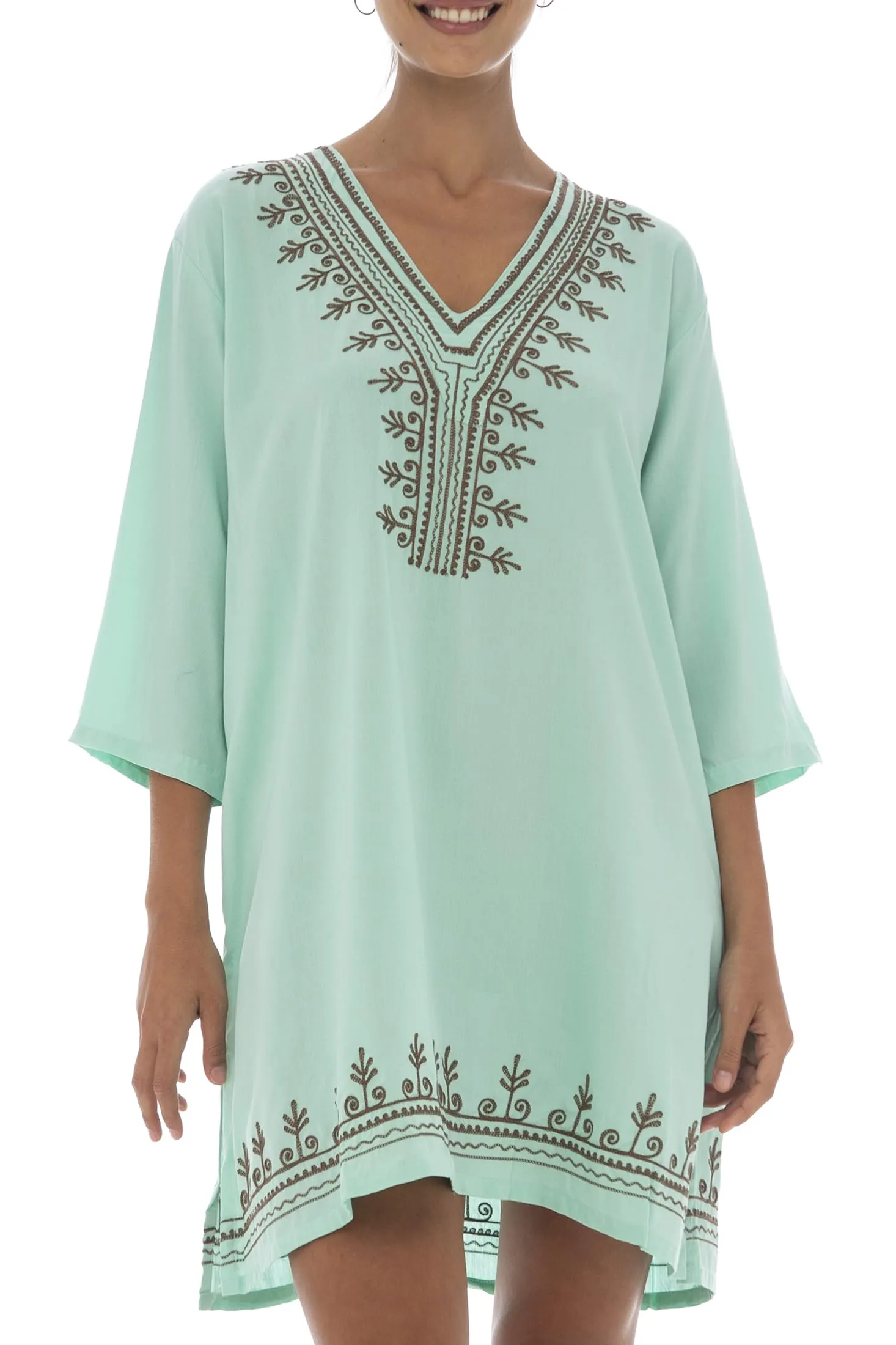 Boho Embroidered Short Casual Tunic Cover Up Dress