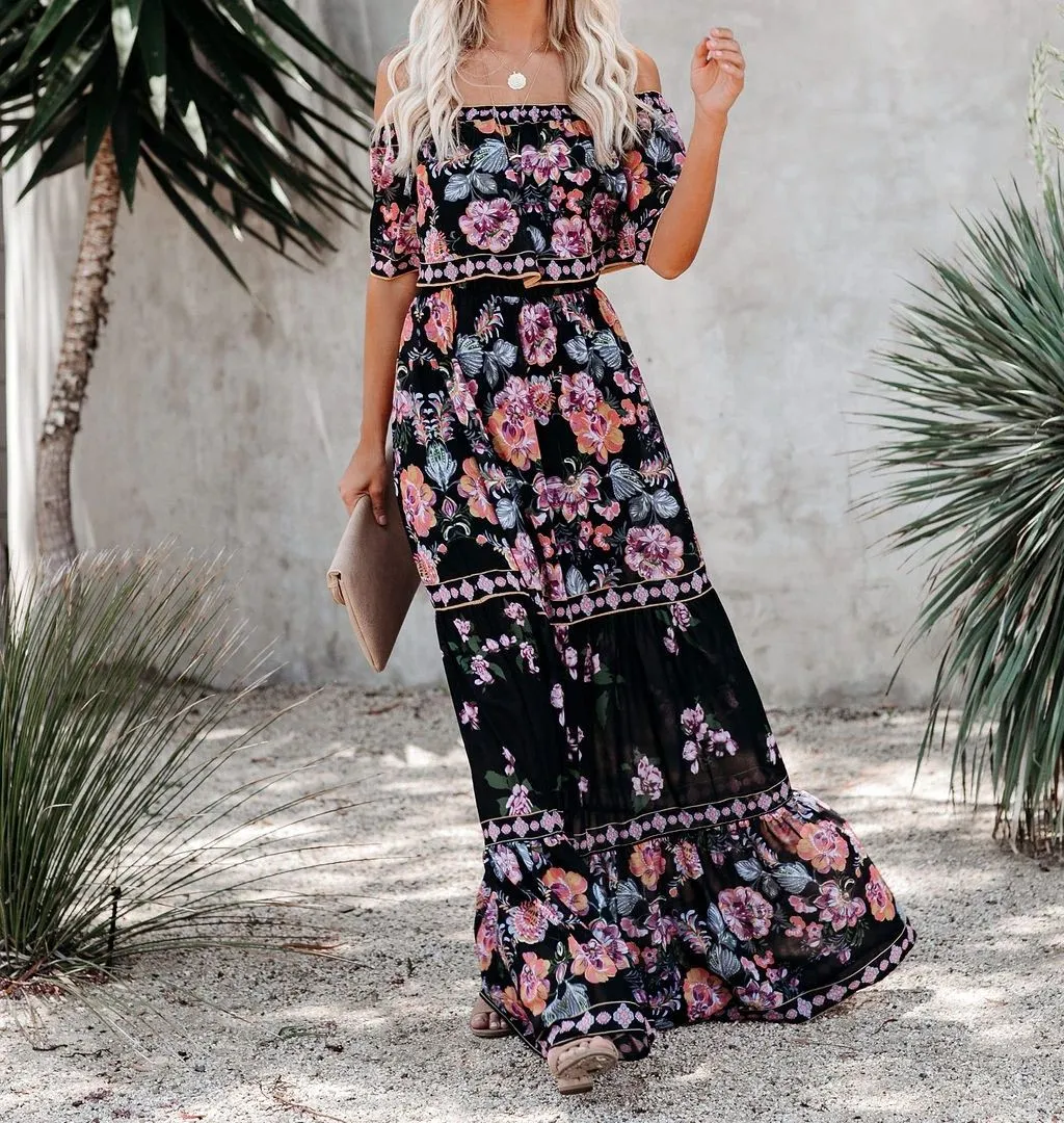 Botanical Hibiscus Peony Floral Flowy Top Off The Shoulder Maxi Dress