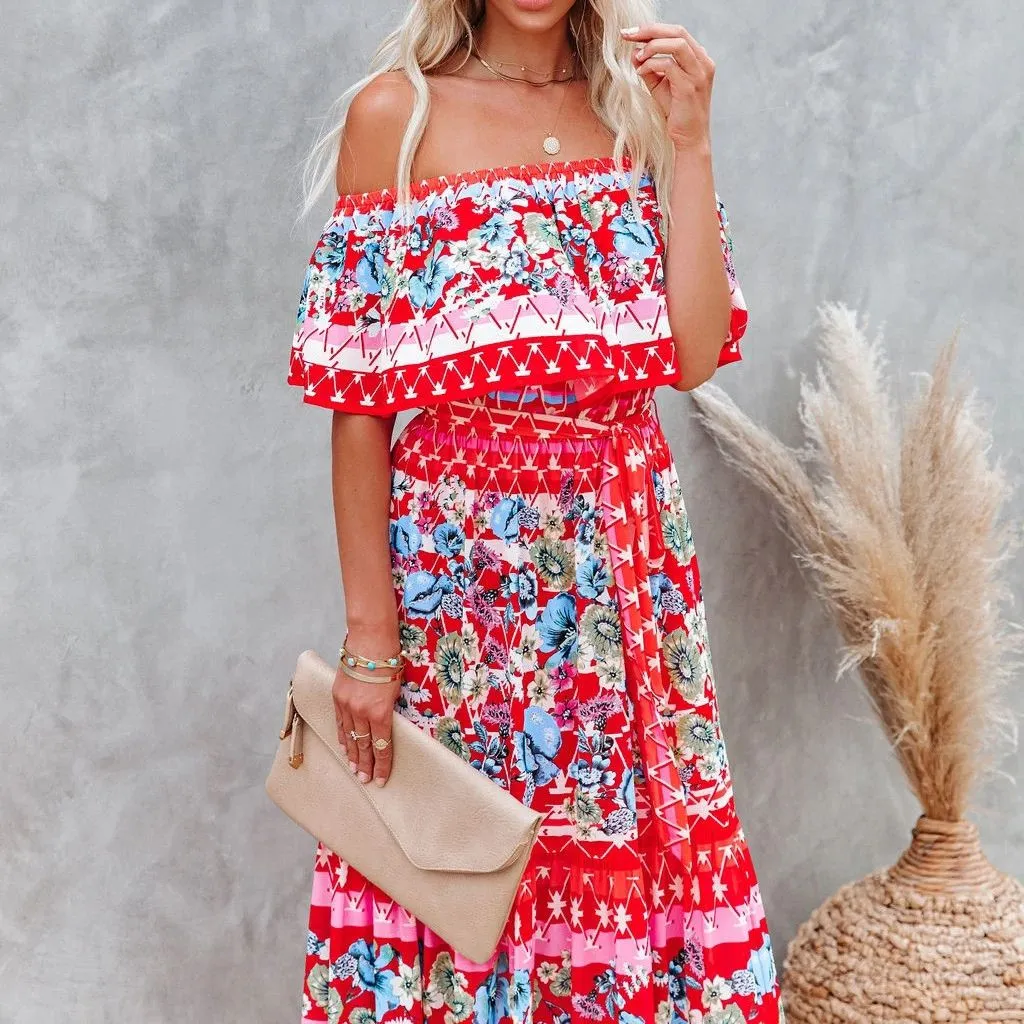 Botanical Hibiscus Peony Floral Flowy Top Off The Shoulder Maxi Dress