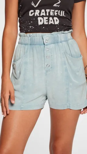 Chaser Heirloom Wovens Paperbag Waist Shorts In Powder Blue Cloud Wash