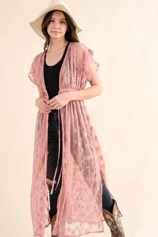 CHIFFON EMBROIDERY LACE KIMONO DUSTER CARDIGAN