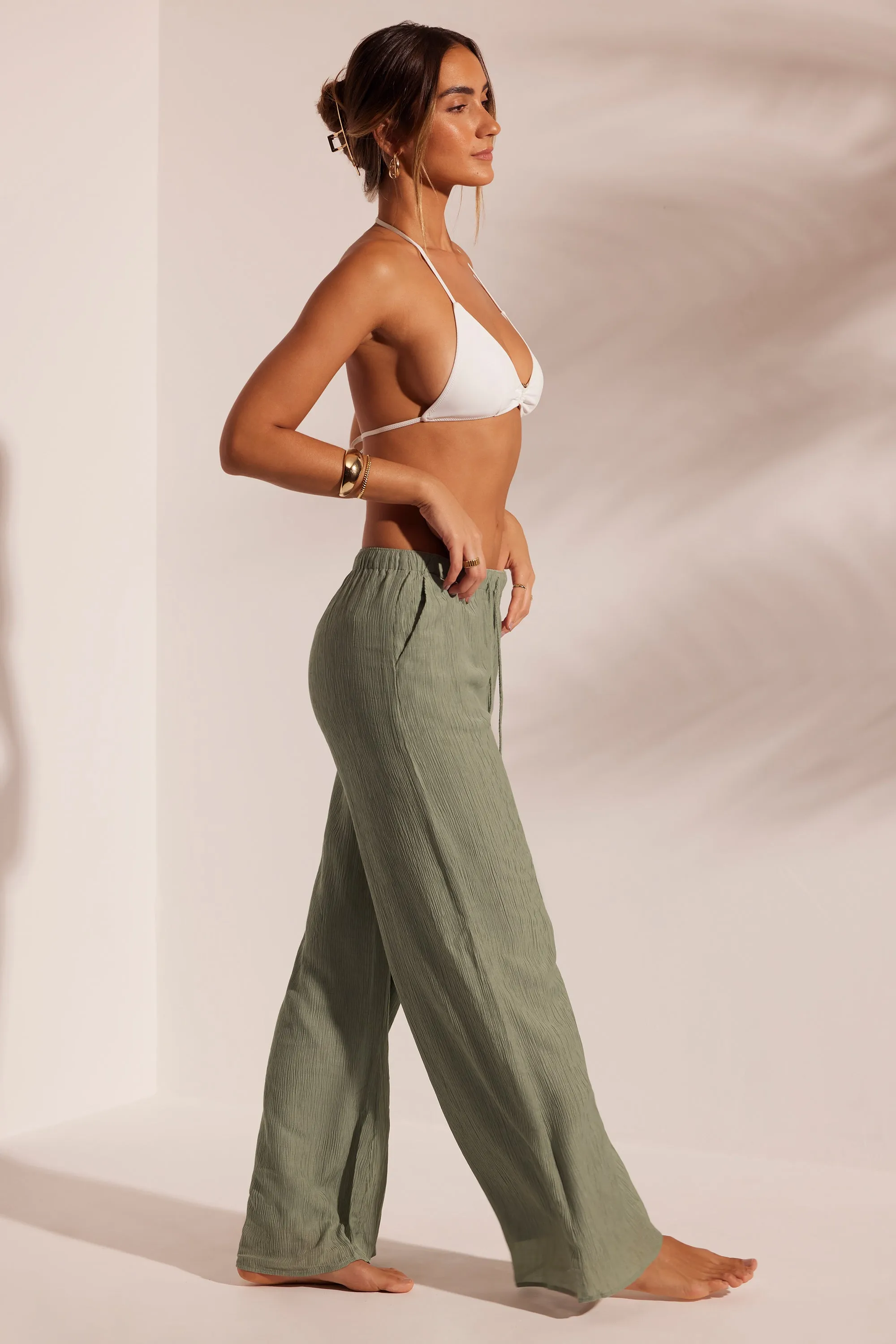 Crinkle Textured Beach Trousers in Light Green