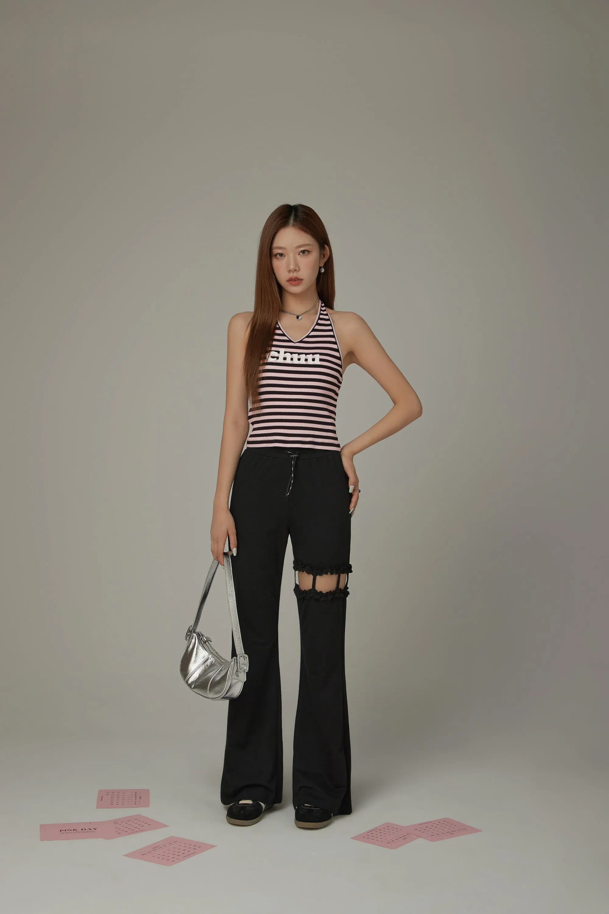 Elastic Waist Drawstring Hollow Cutout Pants