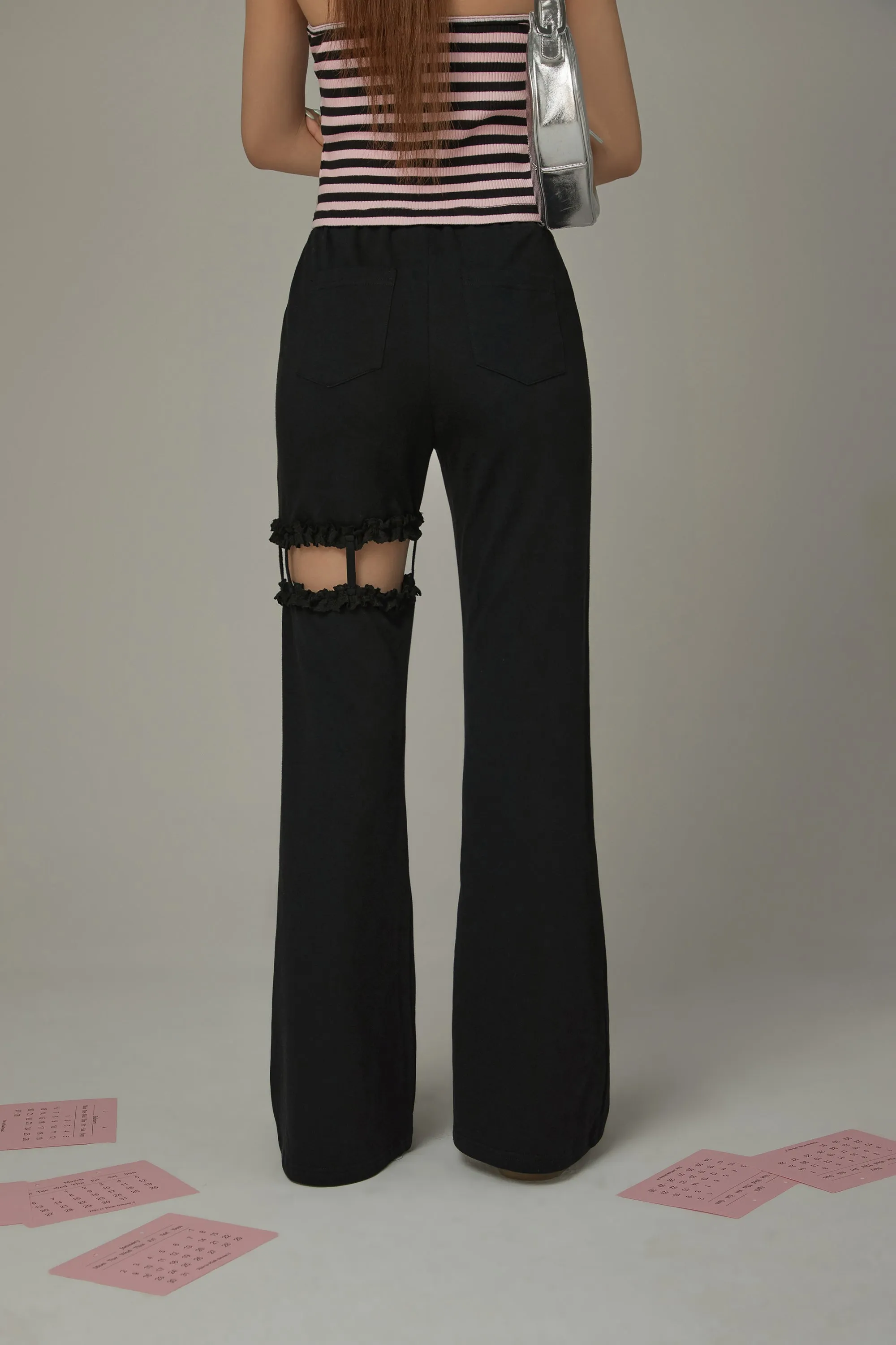 Elastic Waist Drawstring Hollow Cutout Pants