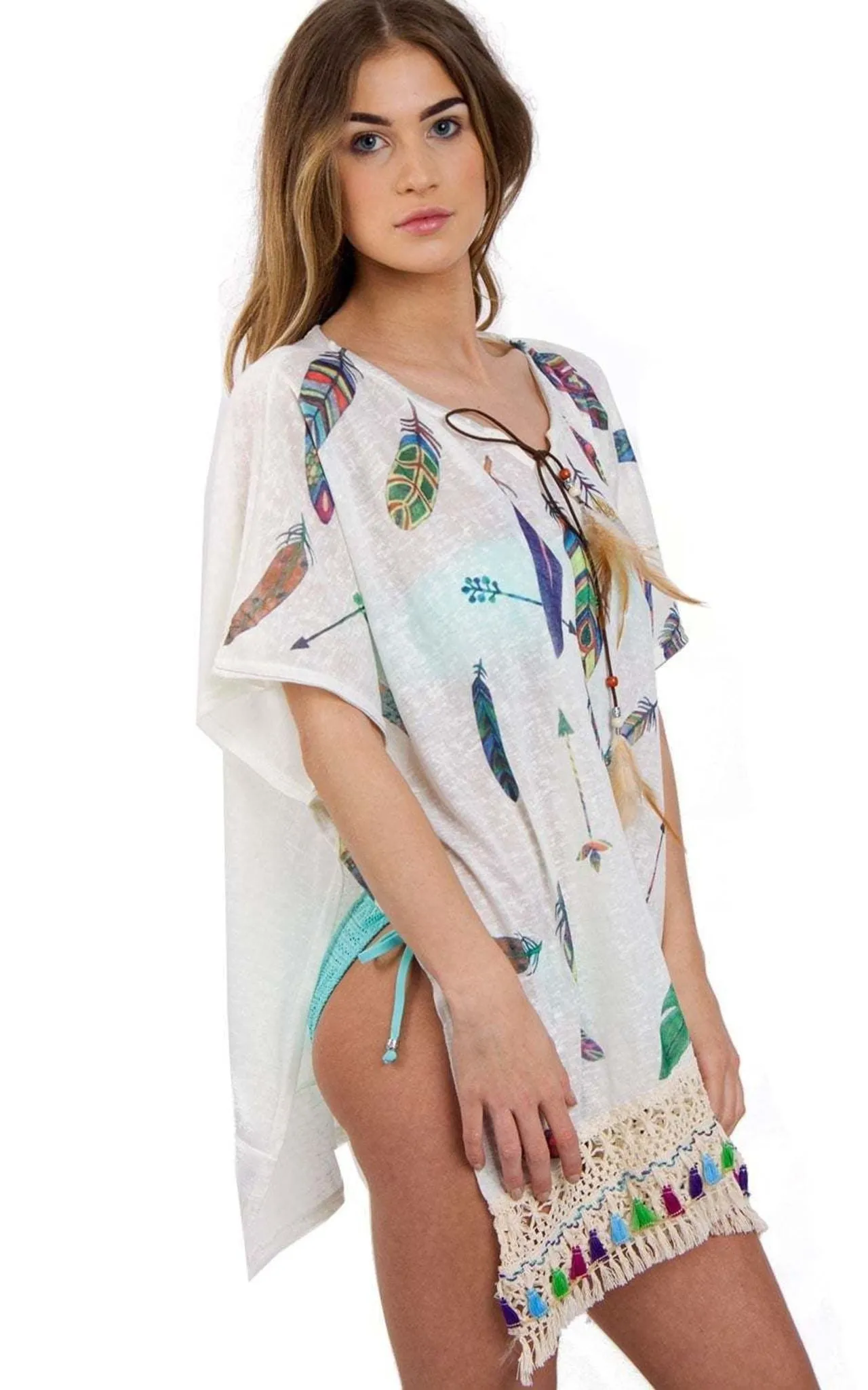 Feather Print Lace Tassel Trim Kaftan Top