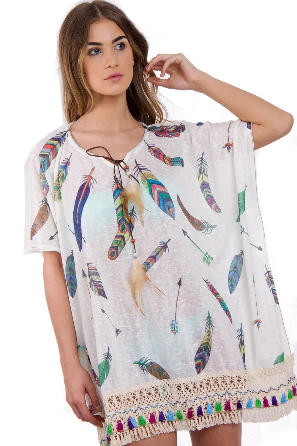 Feather Print Lace Tassel Trim Kaftan Top