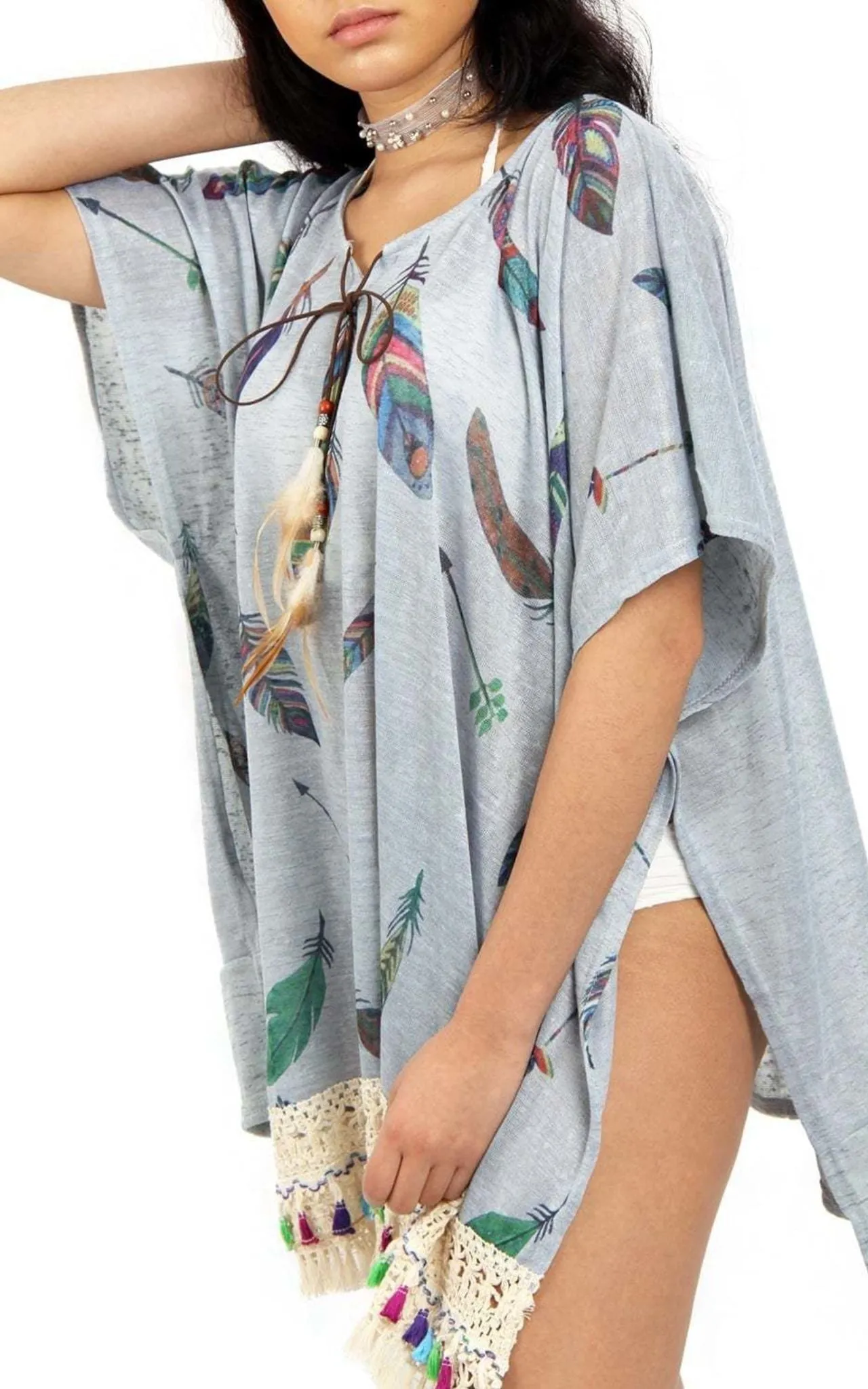 Feather Print Lace Tassel Trim Kaftan Top