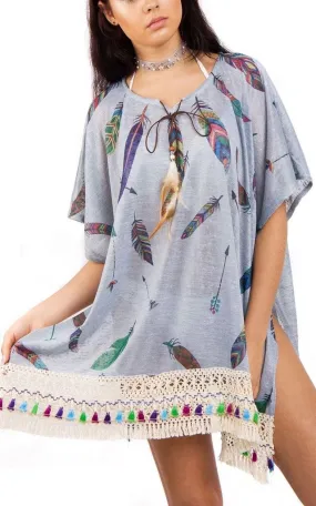 Feather Print Lace Tassel Trim Kaftan Top