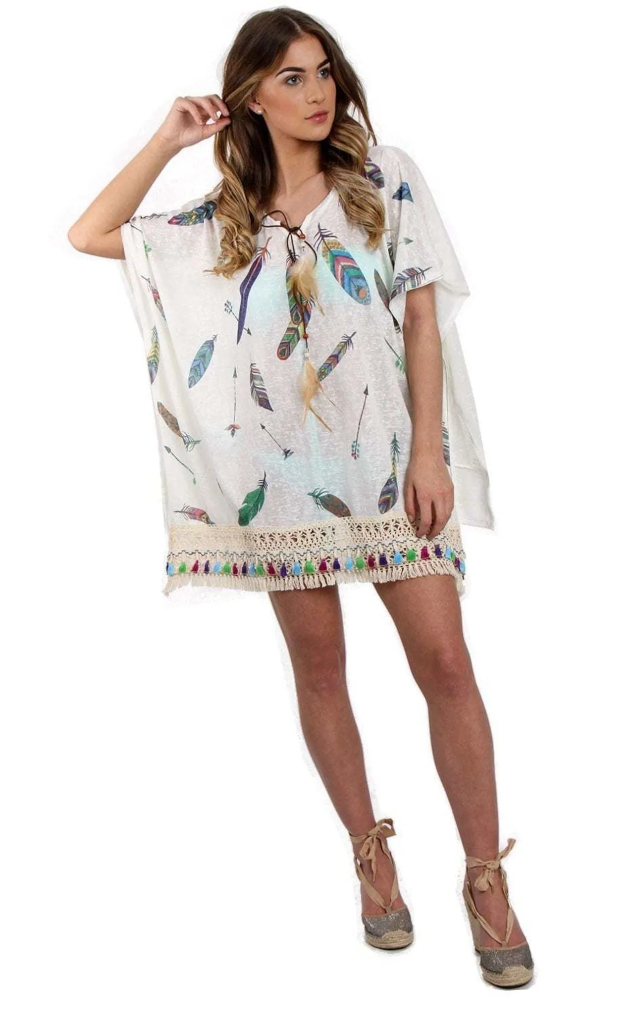 Feather Print Lace Tassel Trim Kaftan Top