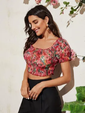 Floral Print Frill Crop Blouse