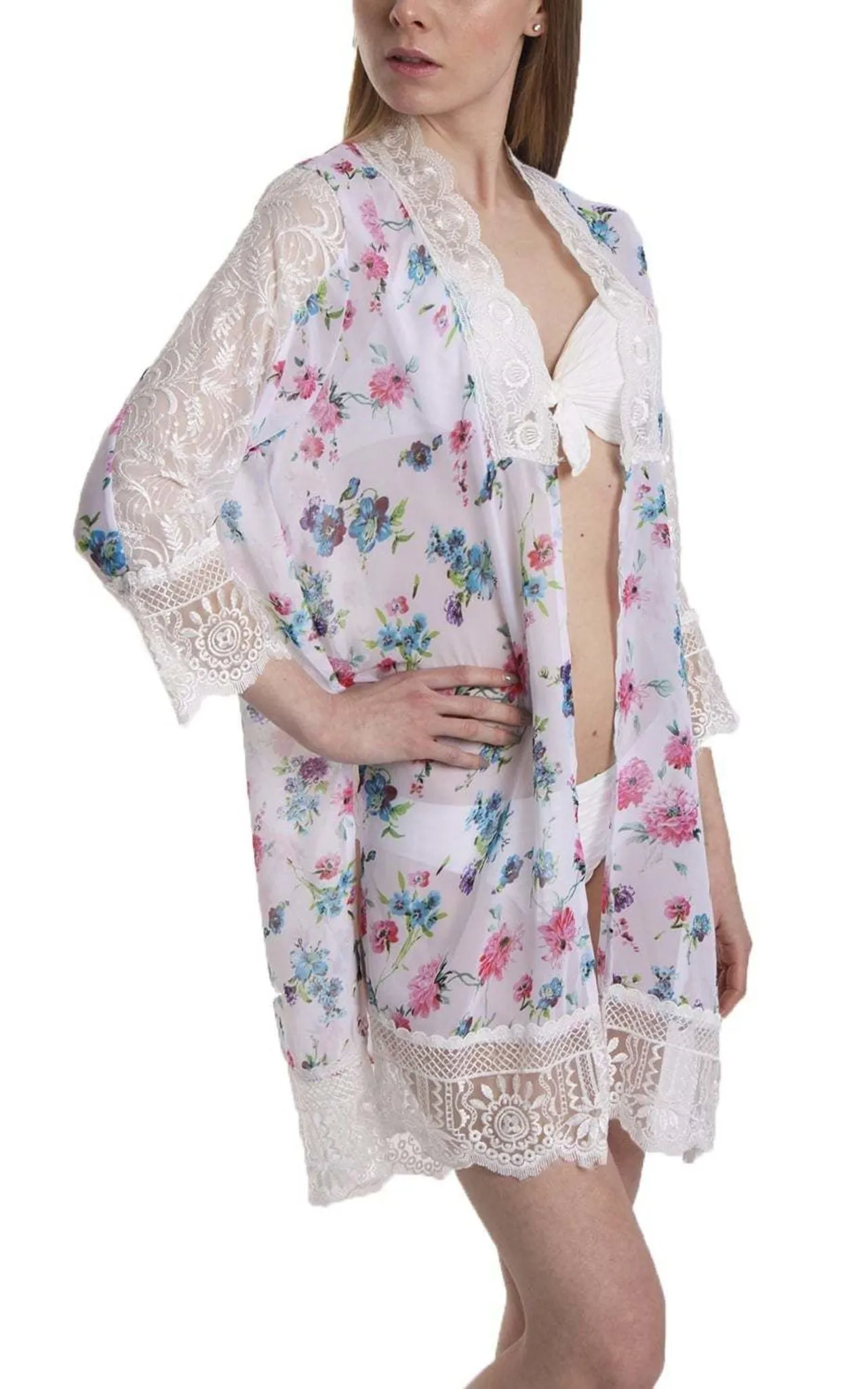 Floral Print Longline Kimono With Lace Trim And Side Splits