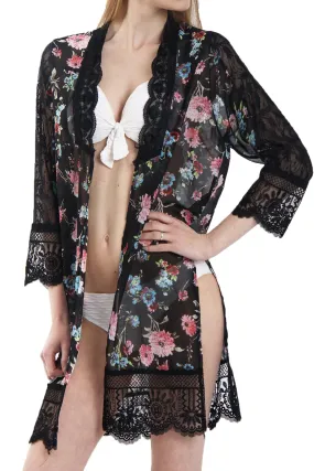 Floral Print Longline Kimono With Lace Trim And Side Splits