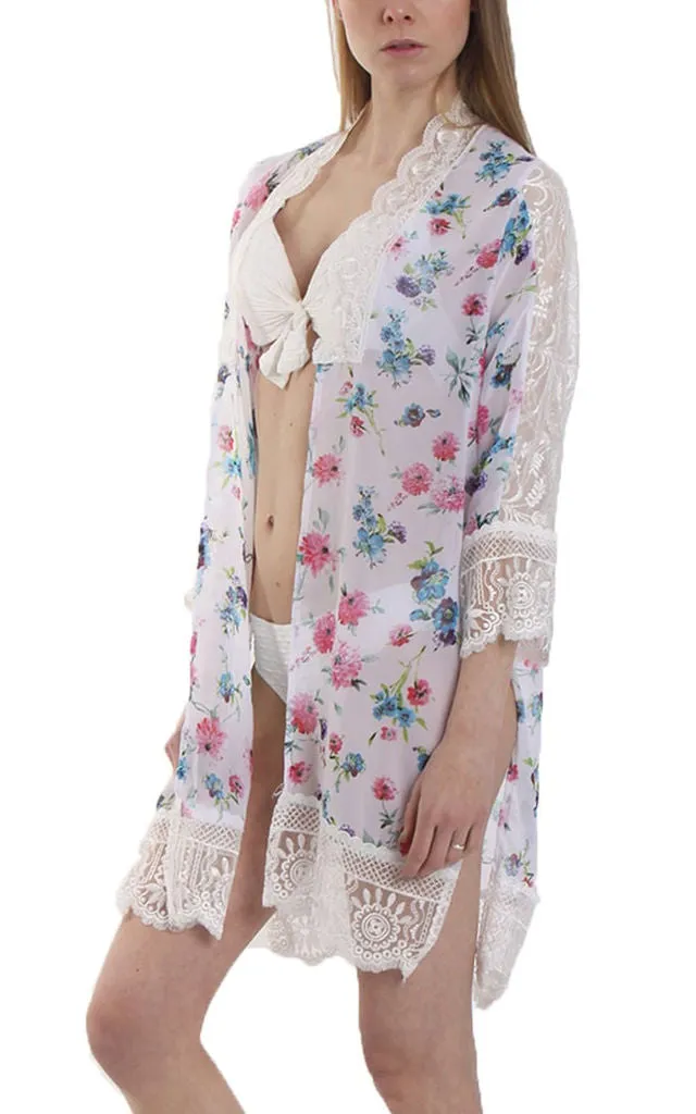 Floral Print Longline Kimono With Lace Trim And Side Splits