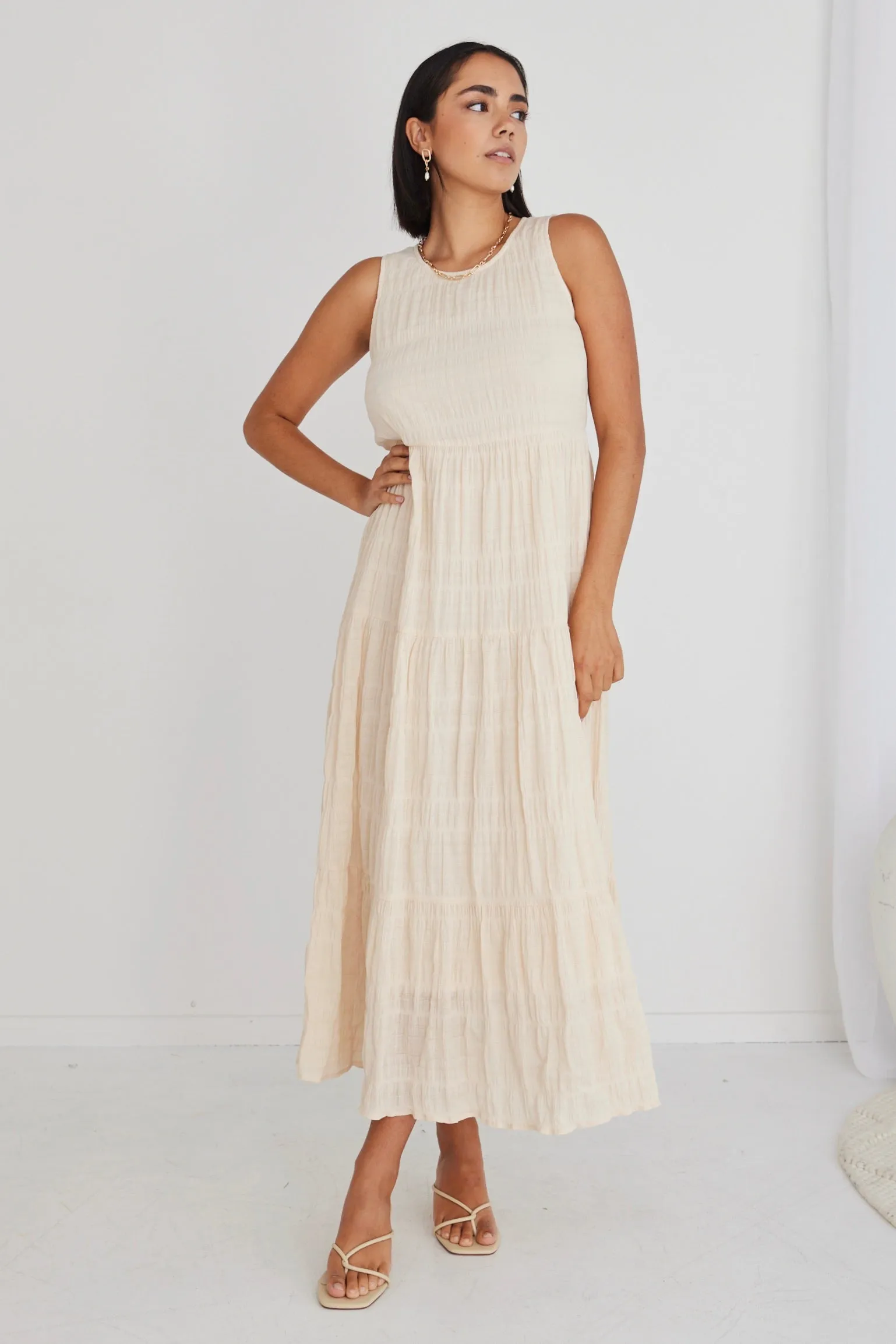 Florentena Ecru Shirred Cotton Bubble Sleeve Tiered Maxi Dress