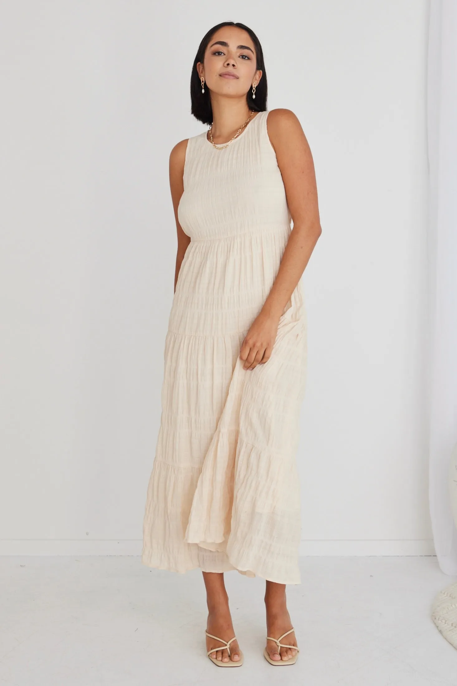 Florentena Ecru Shirred Cotton Bubble Sleeve Tiered Maxi Dress