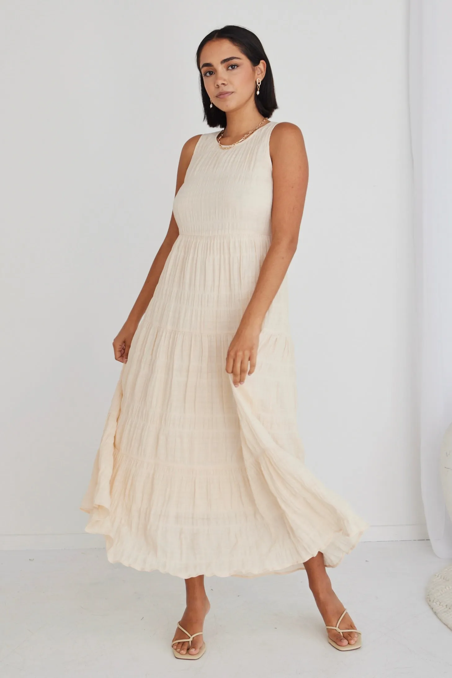 Florentena Ecru Shirred Cotton Bubble Sleeve Tiered Maxi Dress