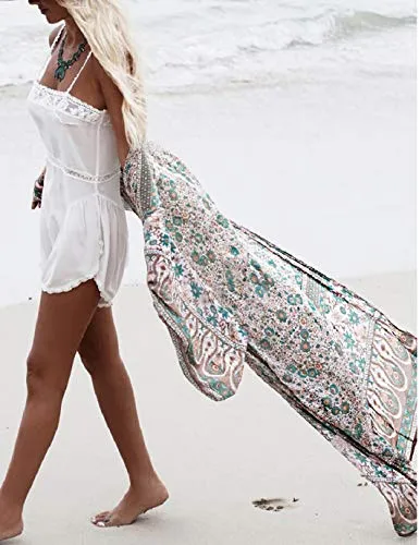 Flower Print 3/4 Sleeve Kimono Women's Beach Cover Up