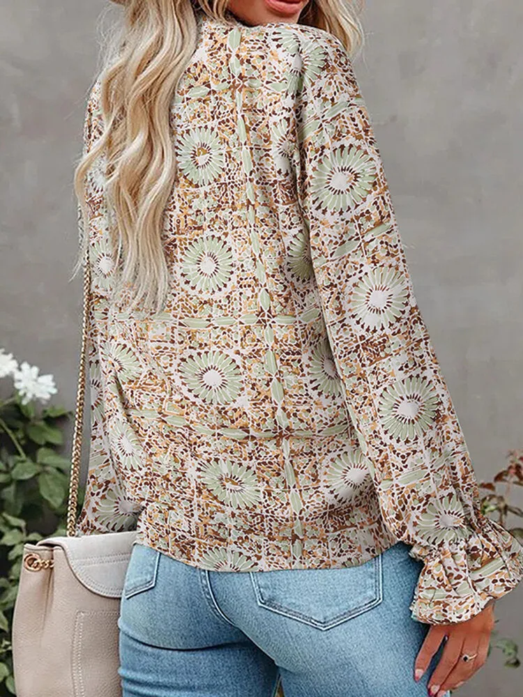 Flower Print Button Long Sleeve Knotted Blouse For Women